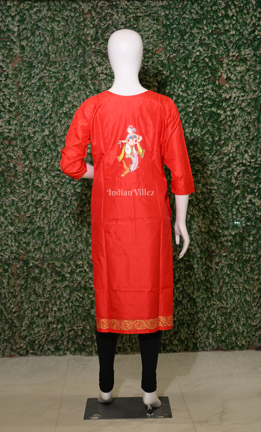 Red Mastya kanya Theme Hand-Painted Pattachitra Kurti