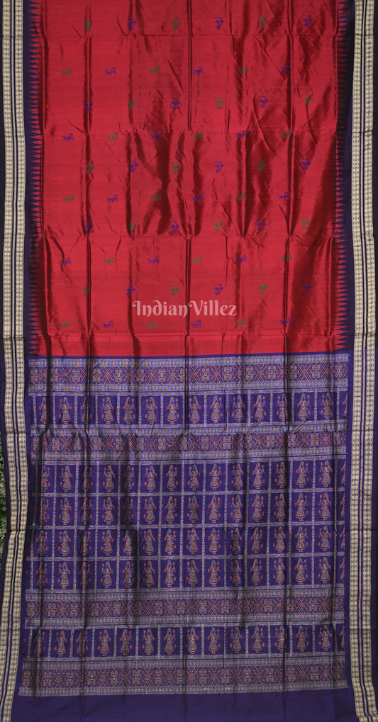 Red Maroon Tribal Doli Sawari Odisha Ikat Bomkai Sambalpuri Silk Saree