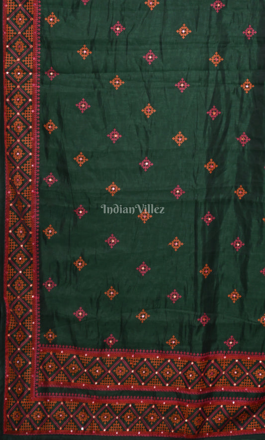 Green Red Tusasr Silk Saree with Hand Embroidery