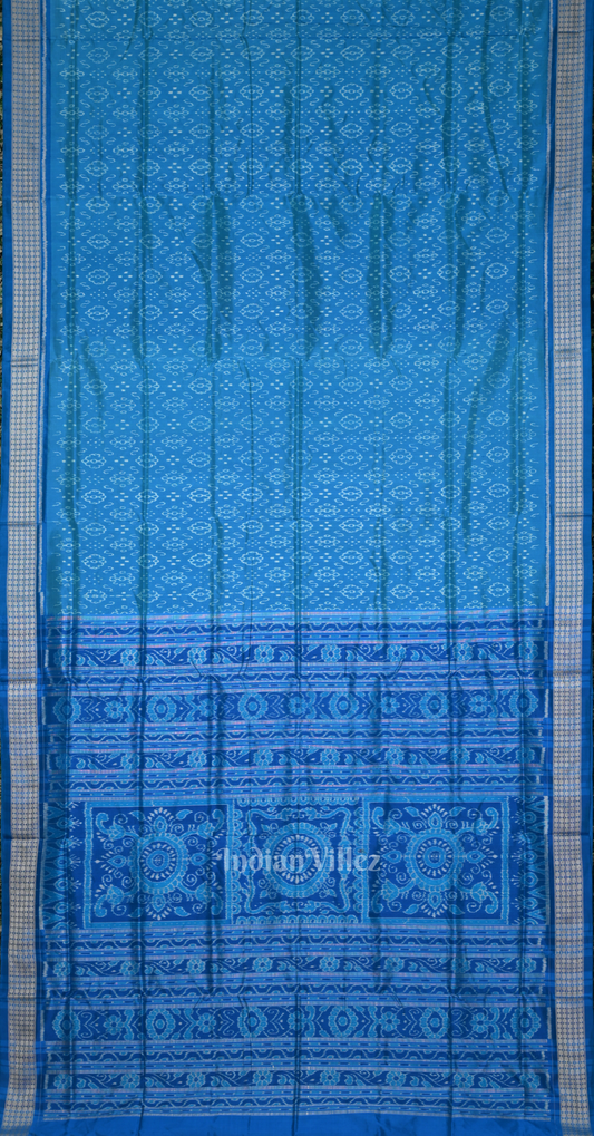 Cyan Blue Ek Chandia Tribal Odisha Ikat Sambalpuri Silk Saree