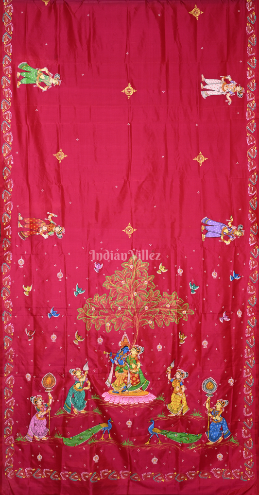 Magenta Pink Krishna Rasa Leela Hand-Painted Pattachitra Silk Saree