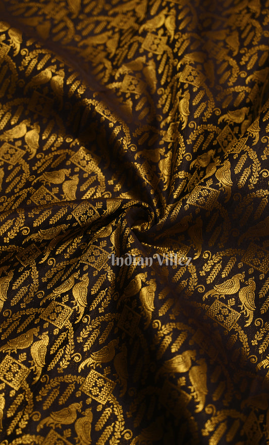 Black Mustard Yellow Bird Motif Brocade Pure Kanjivaram Silk Saree