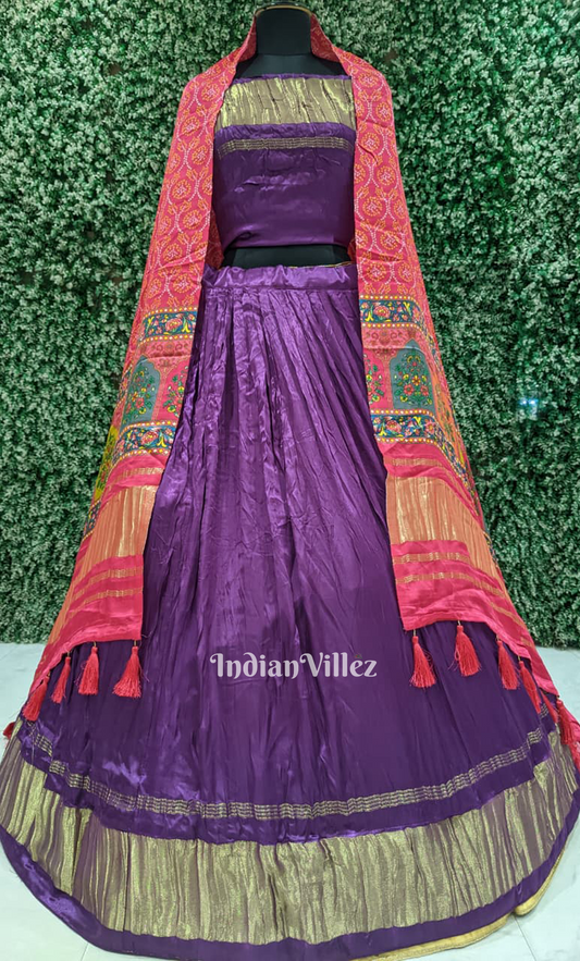 Purple Rani Pink Satin Silk Lehenga Choli with Dupatta