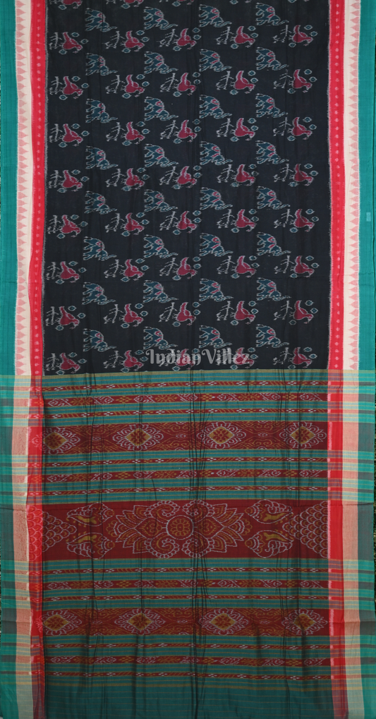 Black Green Bird Motif Odisha Ikat Sambalpuri Cotton Saree