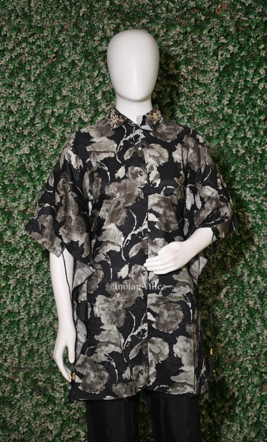 Black Embellished Floral Kaftan Top with Pant
