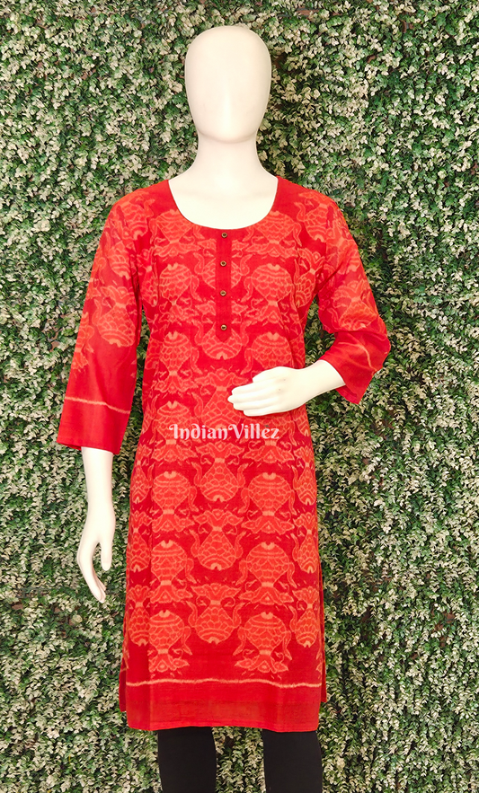 Red Fish Motif Odisha Ikat Designer Cotton Kurti for Women