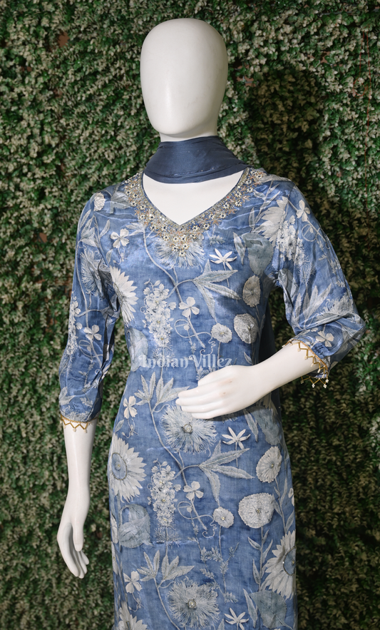 Blue Floral Print Kurta with Sharara Set & Dupatta