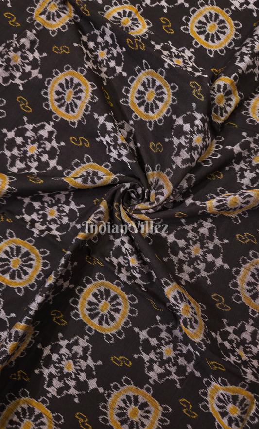 Black Yellow Konarak Chakra Tribal Theme Odsiha Ikat Sambalpuri Cotton Fabric