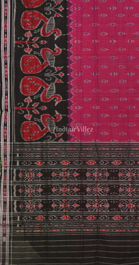 Rani Pink Black Peacock Scott Odisha Ikat Sambalpuri Cotton Saree