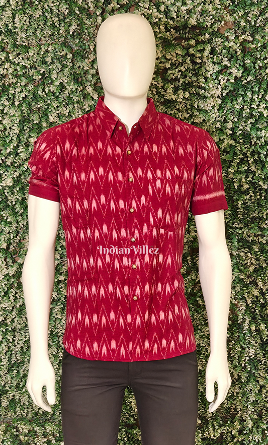Red Pochampally Ikat Cotton Half Sleeve Shirt for Men
