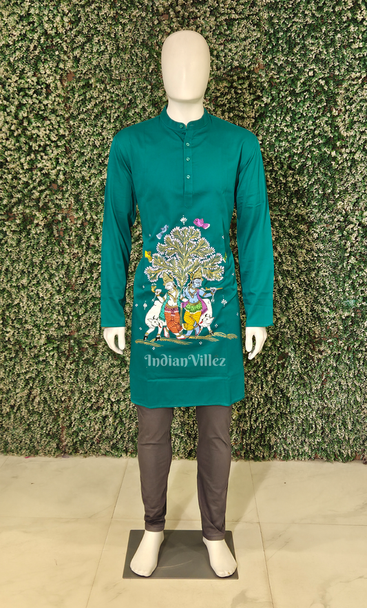 Rama Green Krishna Murali Theme Hand-Painted Pattachitra Kurta (Cambric Cotton)