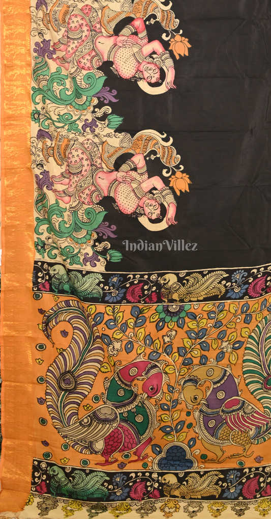 Black Yellow Hand-Painted Natural Dye Cotton Kalamkari Saree