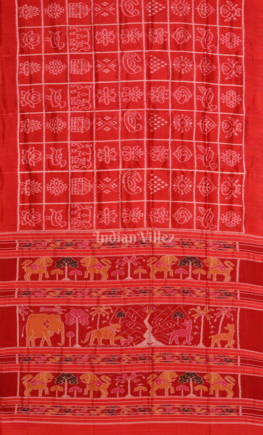 Red Nabakothi Odisha Ikat Contemporary Designer Silk Saree with Jungle Anchal