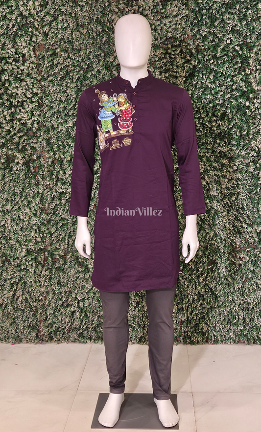 Violet Radha Krishna Theme Hand-Painted Pattachitra Kurta