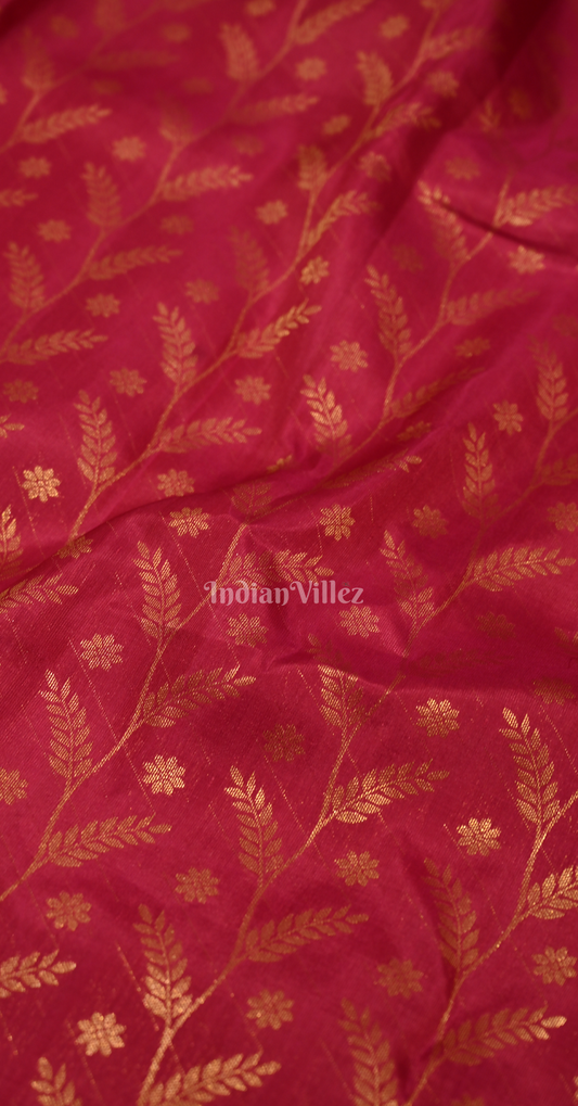 Exclusive Rani Pink Golden Leaf Motif Brocade Pure Kanjivaram Silk Saree