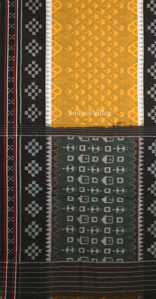 Yellow Black Diya MotifOdisha Ikat Sambalpuri Pure Cotton Saree with Double Pasapali Border