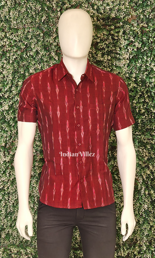 Maroon Mayur Chandrika Odisha Ikat Cotton Half Sleeve Shirt for Men