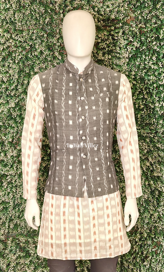 Grey Tipa Design Odisha Ikat Half Bandi Jacket for Men