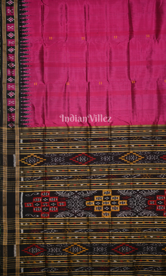 Magenta Pink Black Buti Design Odisha Ikat Khandua Silk Saree with Pasapali Border