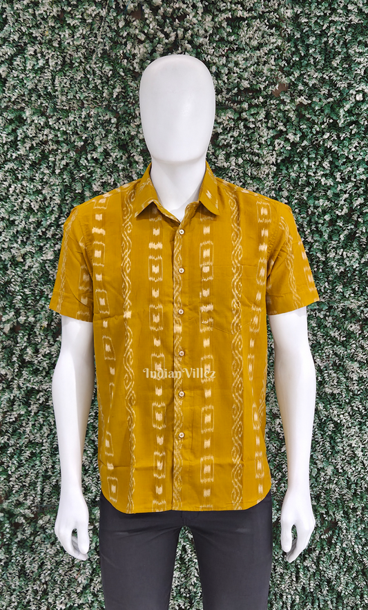 Mustard Yellow Tipa Design Odisha Ikat Cotton Half Sleeve Shirt for Men