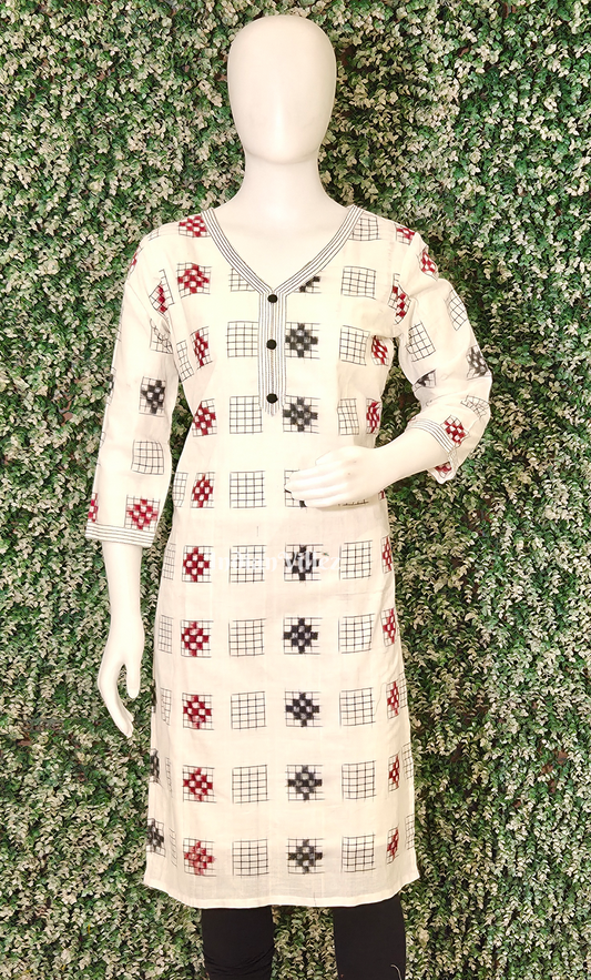 White Black Pasapali Odisha Ikat Designer Cotton Kurti for Women