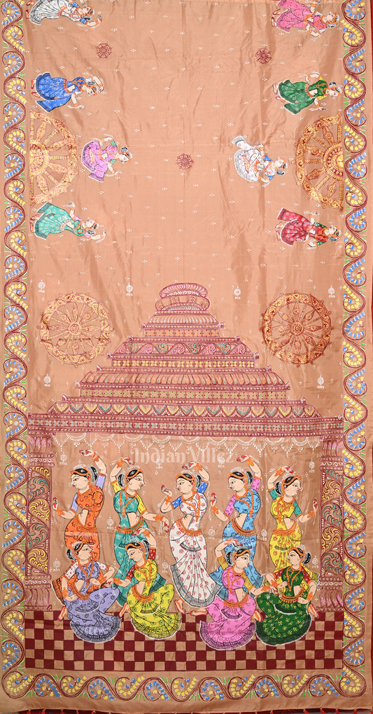 Beige Red Nartaki Konark Temple Hand-Painted Pattachitra Saree