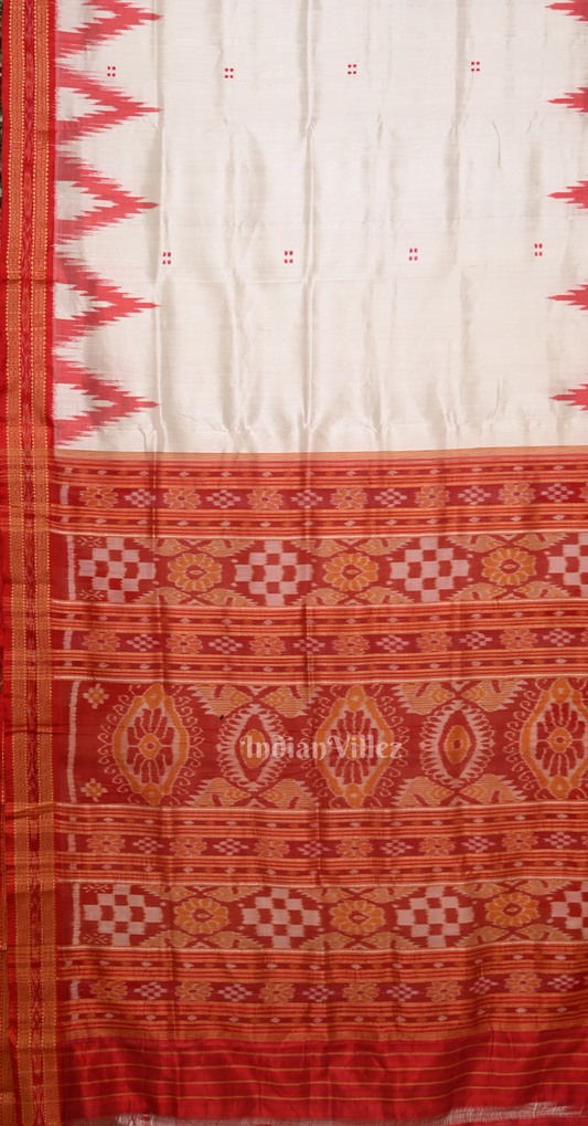 White Red Big Kumbha Buti Design Odisha Ikat Khandua Silk Saree
