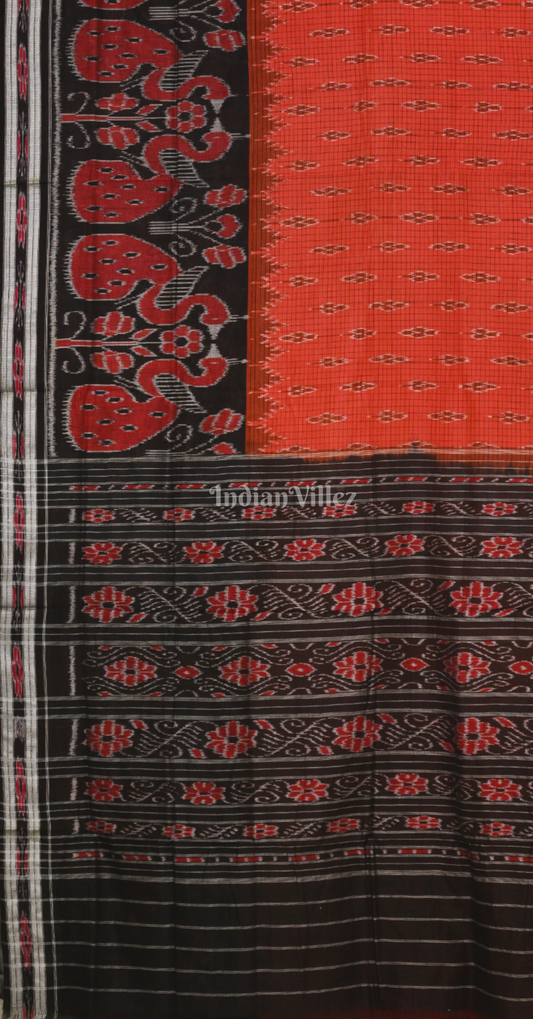 Red Black Check Peacock Scott Odisha Ikat Sambalpuri Cotton Saree