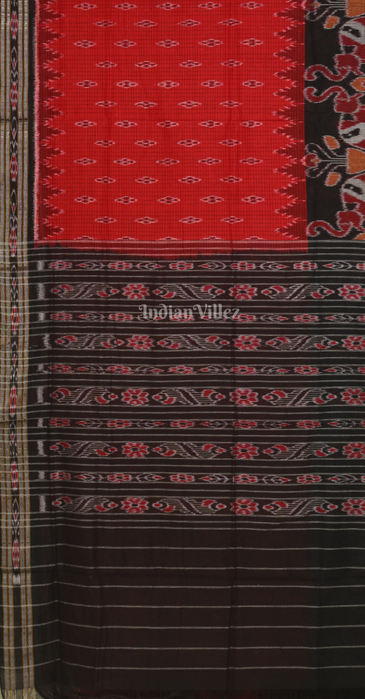 Red Black Elephant Scott Odisha Ikat Sambalpuri Cotton Saree