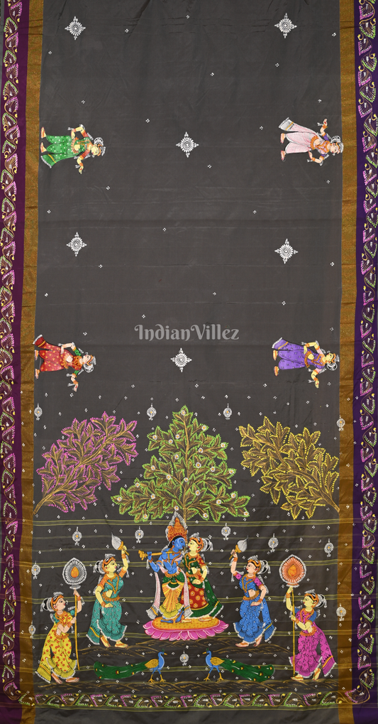 Grey Radha Krishna Raas Hand-Painted Pattachitra Saree