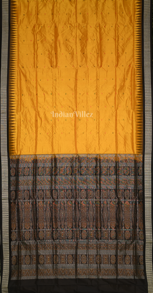 Mustard Yellow Black Tribal Theme Odisha Ikat Bomkai Sambalpuri Silk Saree