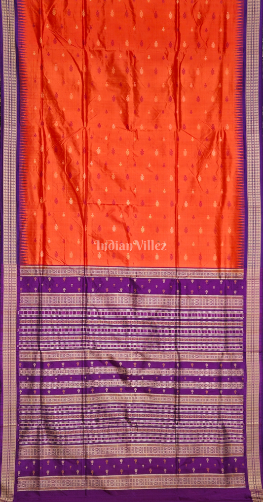 Exclusive Orange Purple Leaf Motif Odisha Ikat Bomkai Sambalpuri Silk Saree