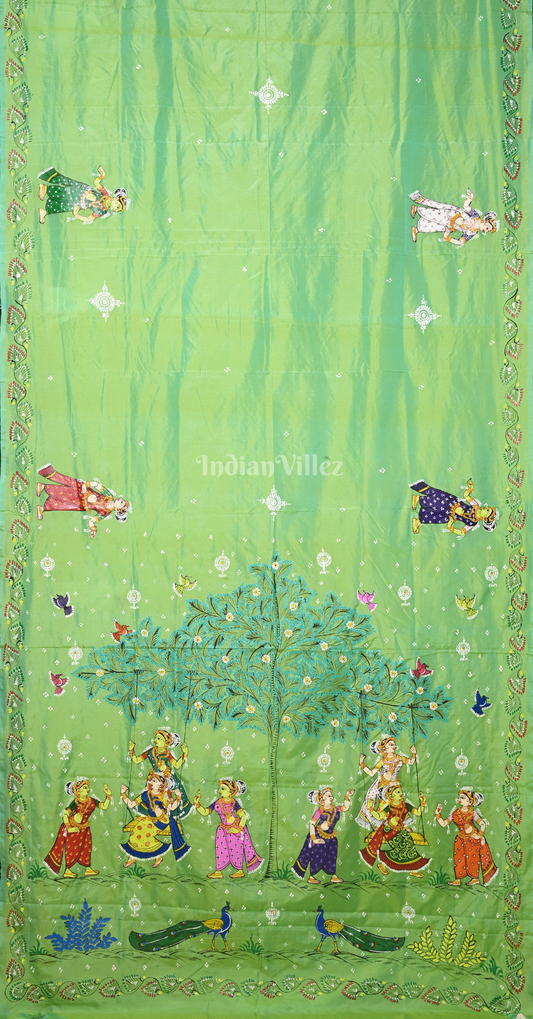 Parrot Green Raja Doli Theme Hand-Painted Pattachitra Saree