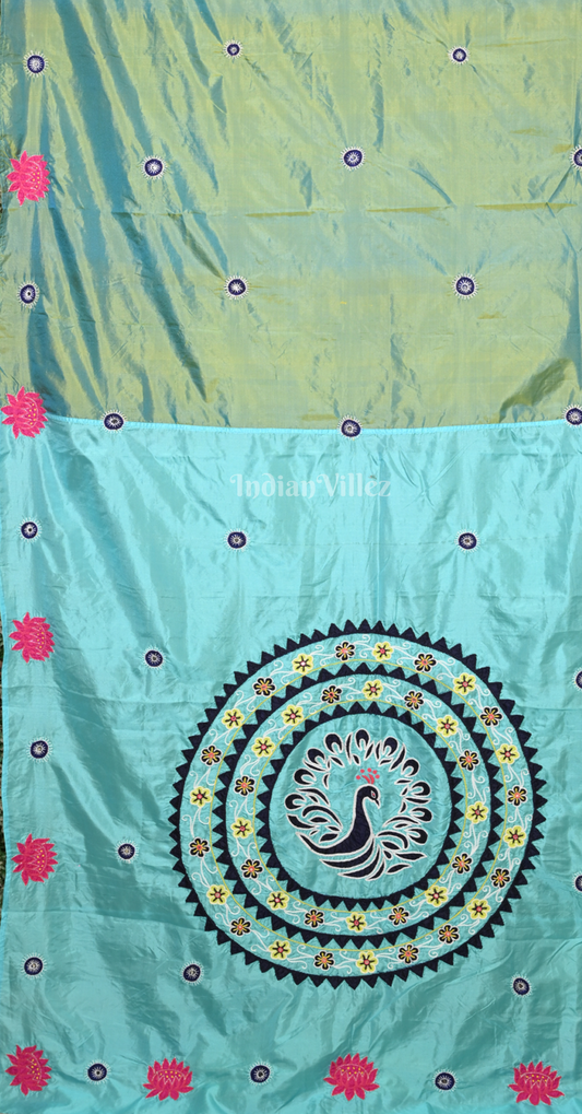 Turquoise Green & Blue Hand Embroidered Applique Work Saree