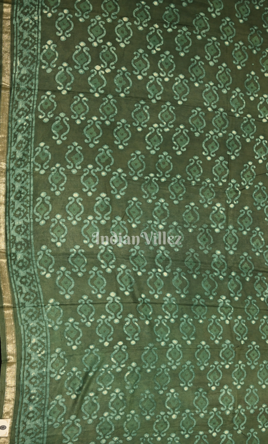 Bottle Green Bagru Crepe Block Printed Silk Suit Sets