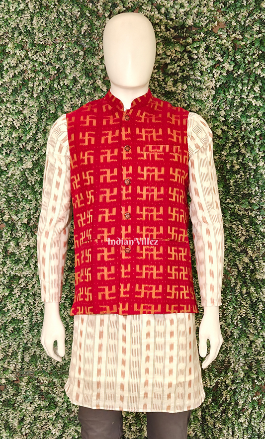 Red Yellow Swastik Odisha Ikat Half Bandi Jacket for Men