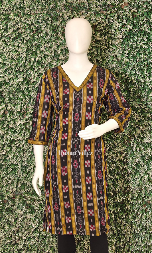 Black with Golden Flower Pasapali Odisha Ikat Designer Cotton Kurti for Women