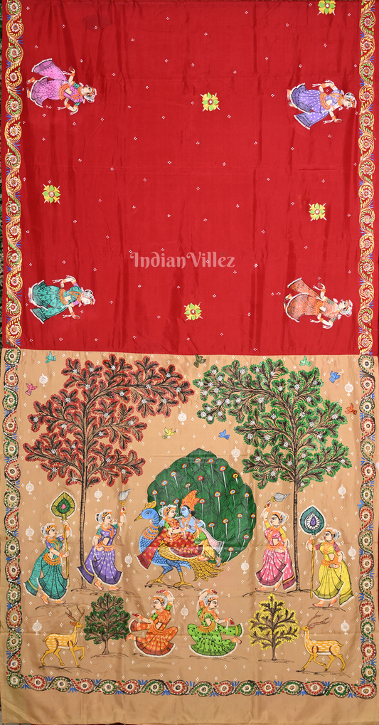 Red Beige (Mayur) & Nartaki Theme Hand-Painted Pattachitra Saree