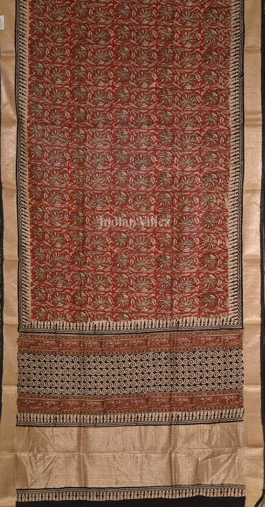 Maroon Black Block Printed Bagru Cotton Saree