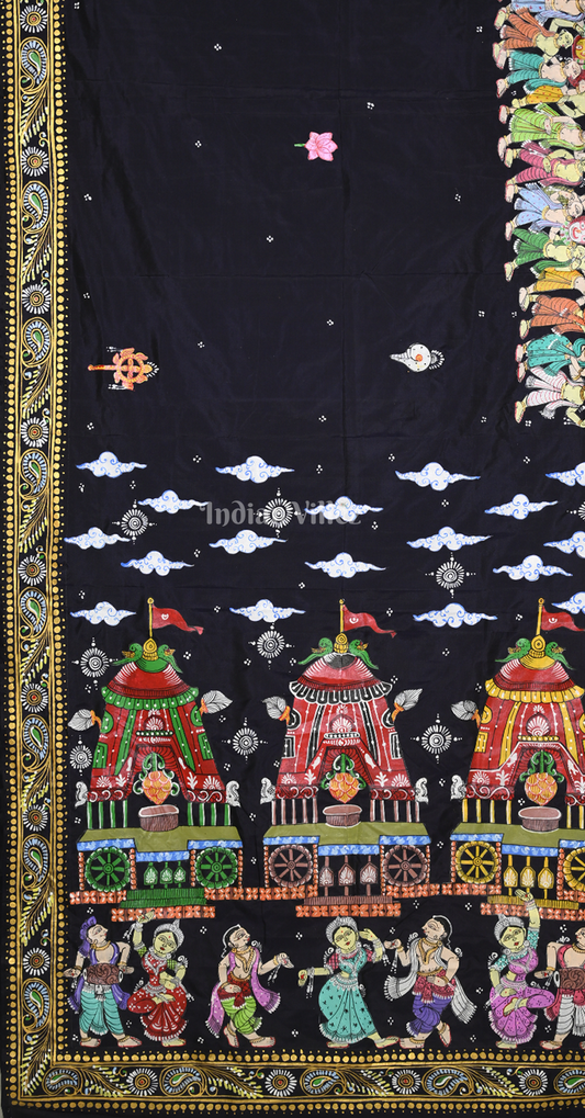 Navy Blue Shree Jagannath Ratha Yatra Hand-Painted Pattachitra Saree