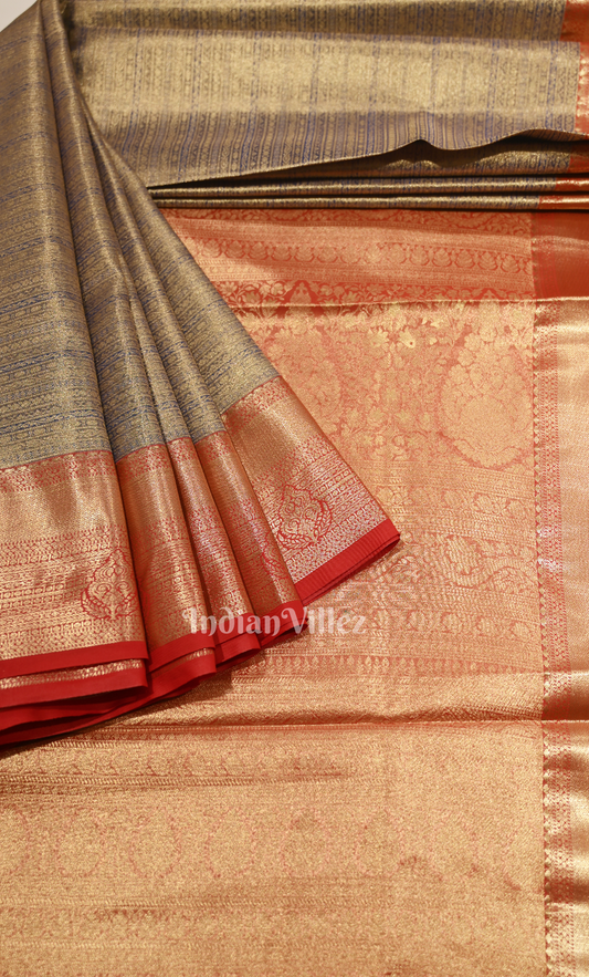 Light Gold Red Pure Kanjivaram Tissue Silk Saree