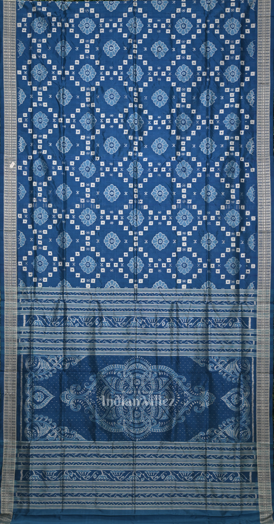Peacock Blue Pasapali & Flower Design Odisha Ikat Sambalpuri Silk Saree