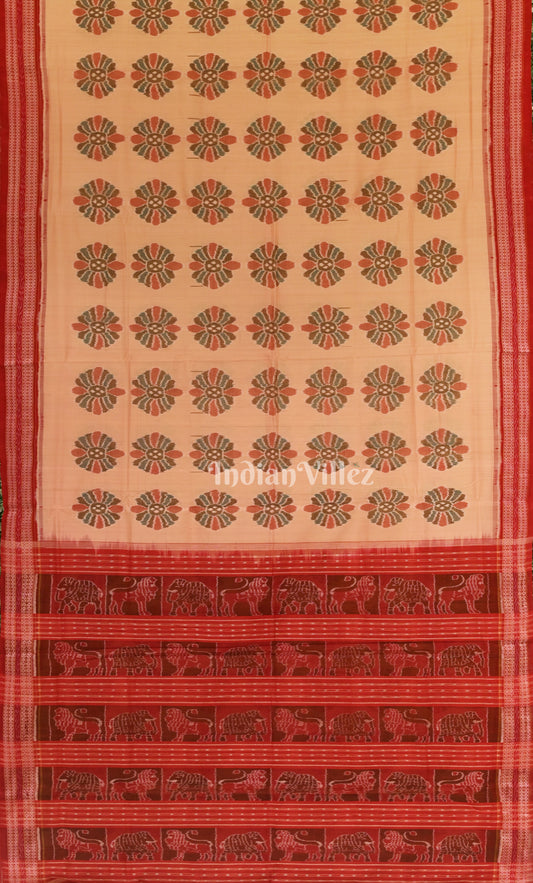 Cream Red Floral Motif Sambalpuri Cotton Saree with Jungle Anchal