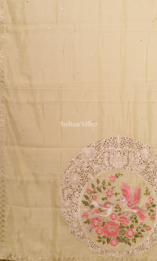 Beige Tusasr Silk Saree with Hand Embroidery