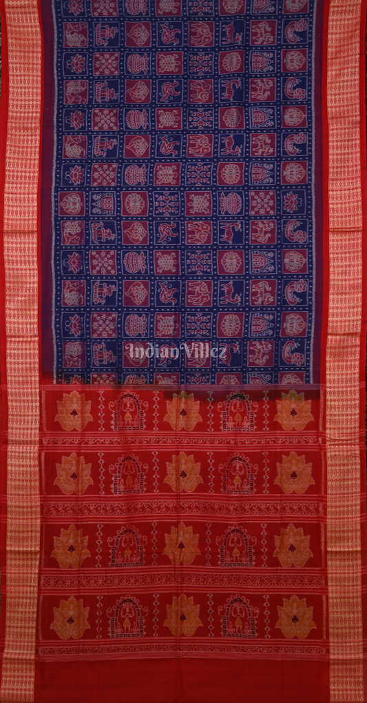 Navy Blue Red Nabakothi Odisha Ikat Sambalpuri Cotton Saree