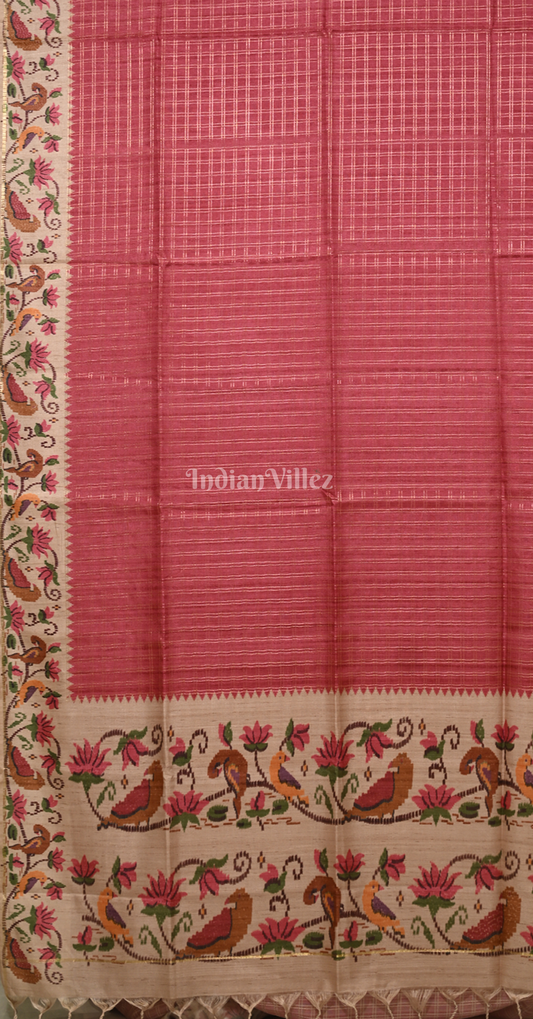 Red Beige Check Pattern Tussar Silk Saree