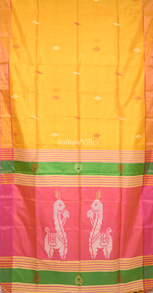 Mustard Yellow Pink Pure Bishnupuri Silk Saree