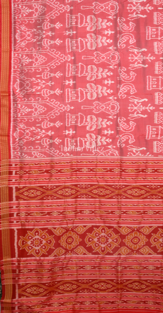 Peach Red Tribal Houses Odisha Ikat Khandua Silk Saree