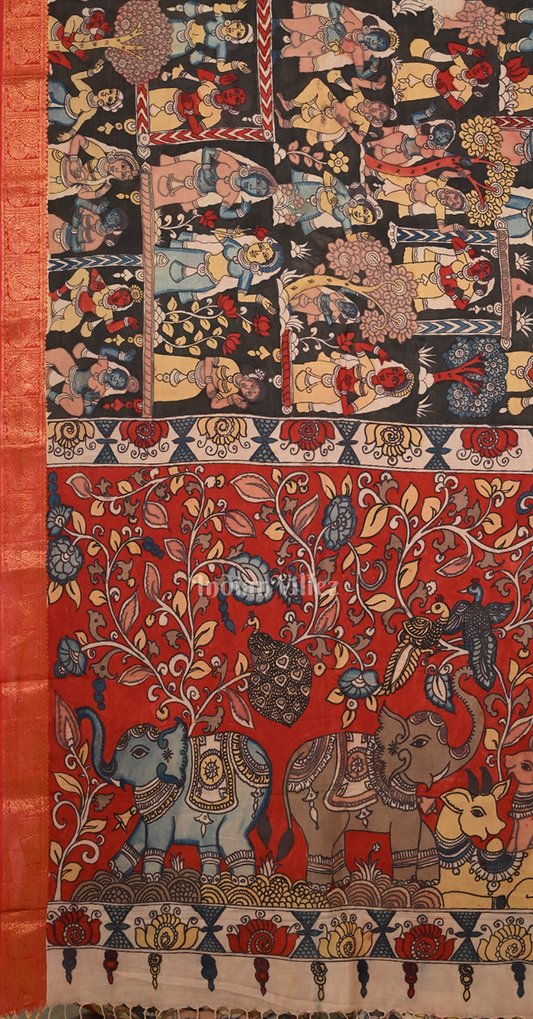 Black Red Hand-Painted Natural Dye Cotton Kalamkari Saree with Elephant Anchal
