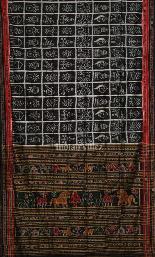 Black Nabakothi Odisha Ikat Khandua Silk Saree with Jungle Anchal
